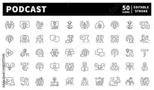 Podcast. Podcast, vector icons. Podcast, microphones, soundwaves, headphones, and media tools illustrated in minimalistic linear style