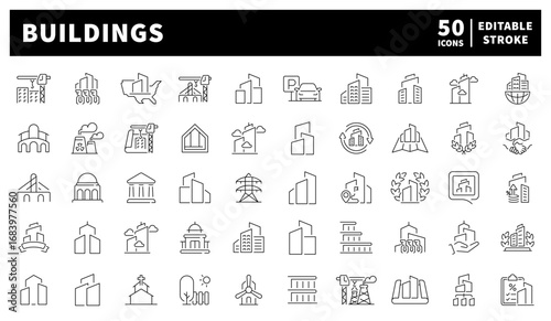 Buildings vector icons. Homes, apartments, offices, public buildings, and skyscrapers rendered in elegant linear structure