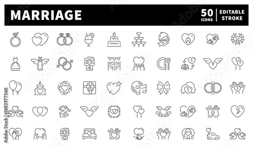 Marriage. Marriage vector icons. Set of 50 linear icons for marriage and love. Rings, couples, wedding cakes, hearts, and romantic symbols drawn with elegant linework.