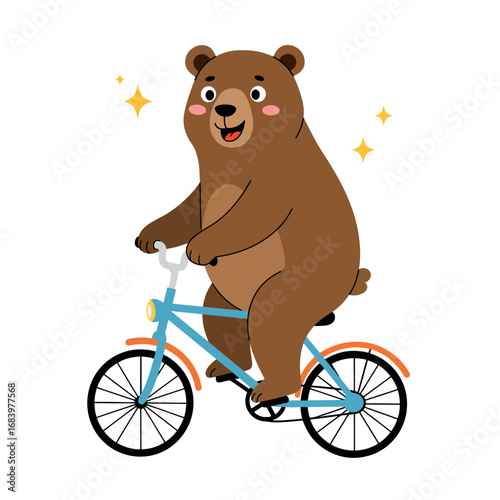 Joyful cartoon bear happily cycling a bicycle, radiating cheerful energy with sparkling accents, perfect for playful designs and children's themes.