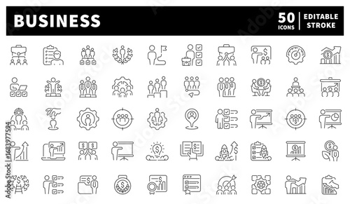 Business. Business vector icons. Set of 50 linear icons for business. Finance, strategy, meeting, graphs, and growth concepts designed in professional minimalism