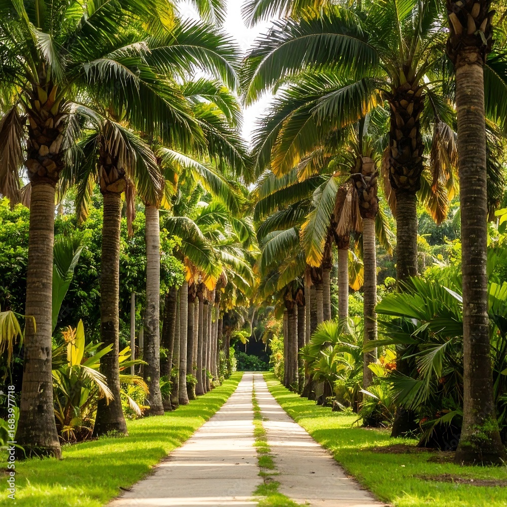 Obraz premium A sun-drenched pathway lined with tall, lush palm trees leads through a vibrant tropical garden.