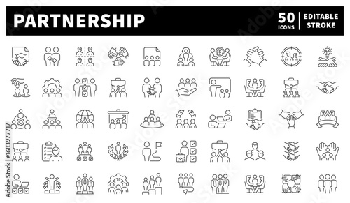 Partnership. Partnership vector icons. Set of 50 outline icons related to partnership and friendship. Handshakes, agreement documents, business