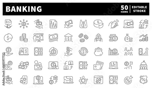 Banking. Banking vector icons set. Set of 50 banking icons. Money, banks, safes, cards, ATM, and financial security tools designed in reliable linear style