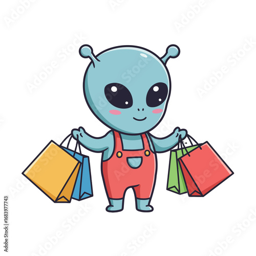 Adorable cartoon alien character enjoying a shopping spree with colorful bags, perfect for fun retail, marketing, and playful design concepts