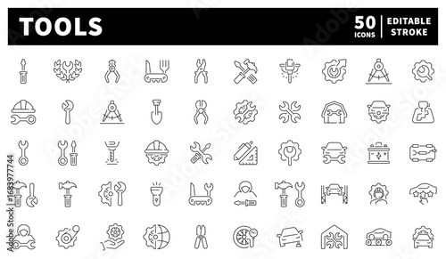 Tools. Hammers, wrenches, drills, saws, and technical equipment drawn in clean industrial style. Functional pack of 50 linear icons. Work tools and instruments.