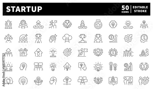 Start Up. Start Up vector icons collection. Set of 50 linear icons related to start up. Rocket launches, ideas, lightbulbs, innovation symbols, and business seeds drawn with ambition