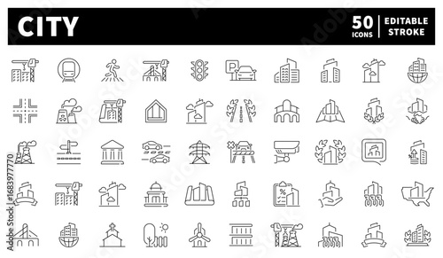 CITY. City vector icons. Set of 50 linear icons about city infrastructure. Urban elements like roads, bridges, buildings