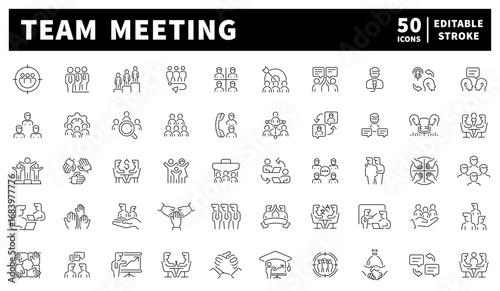 Meeting. Team meeting vector icons set. Set of 50 linear icons for teamwork and meetings. Colleagues, brainstorming sessions
