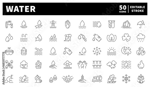 Water vector icons. Set of 50 linear icons related to water. Water drops, waves, bottles, and hydration tools depicted in a clean liquid-based style