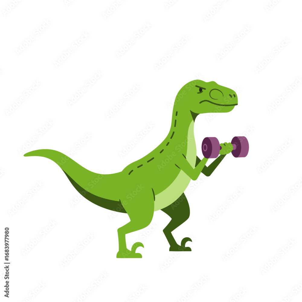 Obraz premium Energetic green dinosaur flexing muscles with dumbbells, showcasing strength and a fun, active lifestyle for fitness and health promotions.