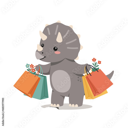 Adorable cartoon triceratops dinosaur happily carrying colorful shopping bags filled with vibrant flowers, perfect for kids' themes and joyful retail promotions.