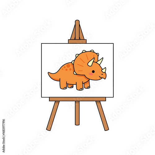 Charming illustrated triceratops artwork displayed on a rustic wooden easel, perfect for educational materials, children's books, and creative projects evoking joy and wonder.