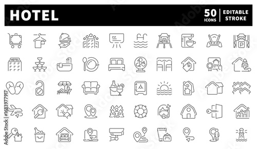 Hotel. Hotel vector icons set. Set of 50 linear hotel icons. Hotel services, room features, amenities, and booking icons clean 50-icon linear set