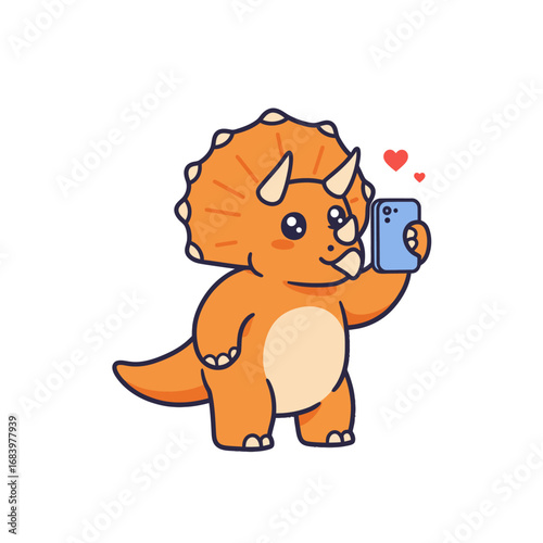 Adorable cartoon triceratops dinosaur taking a selfie with hearts, capturing a fun, playful moment that's perfect for engaging content and social media.
