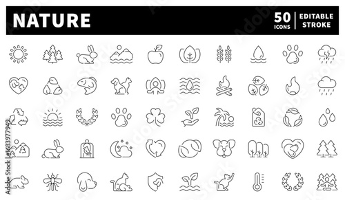 Nature. Nature vector icons collection. Set of 50 linear nature icons. Nature themed collection of 50 outline clean icons.