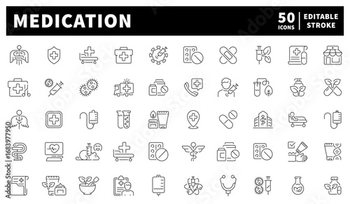 Medical. Set of 50 linear icons related to medications. Medication, pills, capsules, medicine bottles, treatments, and prescriptions