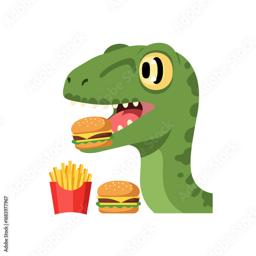 Joyful cartoon raptor happily enjoying a delicious burger and fries, perfect for playful food-themed designs and children's content