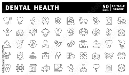 Dentistry. Dental health vector icons collection. Set of 50 linear icons related to dental health. Teeth, toothbrushes, dental checkups, and oral hygiene