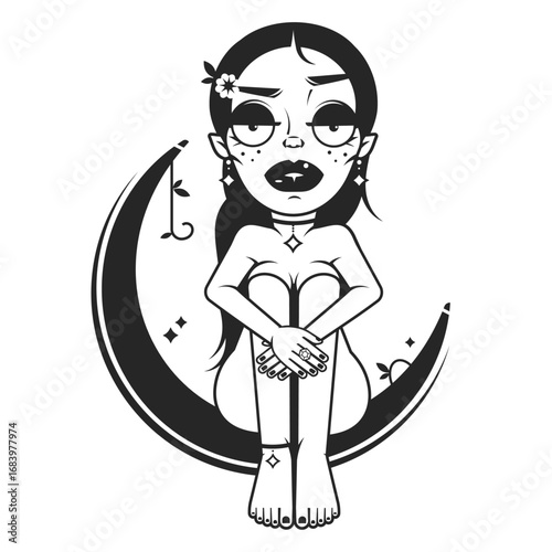 Vector logo on which an abstract image of a girl in a developing dress on the background of the moon.