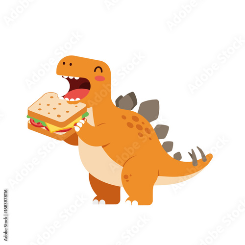 Joyful orange stegosaurus happily devouring a delicious, fresh sandwich with lettuce, cheese, and tomato, perfect for children's books and fun designs.
