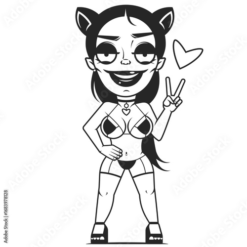 Vector anime Catwoman with a mischievous smile, showing her in a playful pose, wearing a classic cat mask and gloves, with a subtle smirk that adds to her mysterious allure