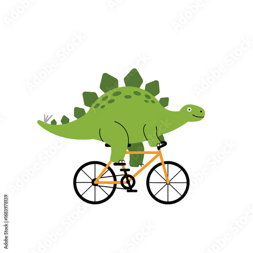 Joyful green stegosaurus happily rides an orange bicycle, showcasing a fun and playful prehistoric adventure that sparks imagination and delight for all ages