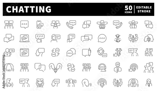 Chatting. Chatting with speech bubbles and user dialogue symbols in a 50-icon linear set.