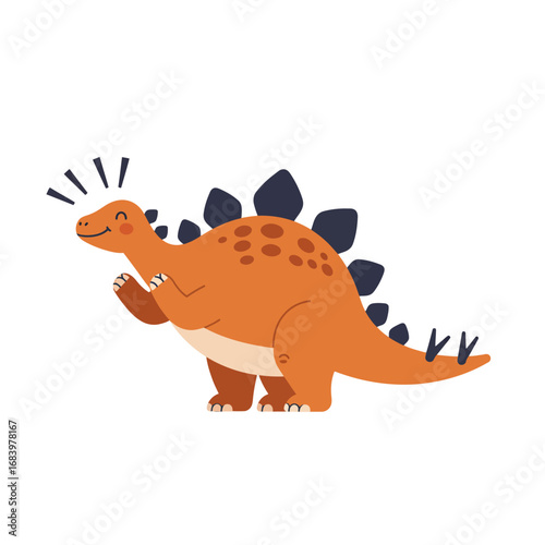 Charming cartoon stegosaurus dinosaur with playful expression and clapping hands, perfect for children's books, educational materials, and whimsical designs.