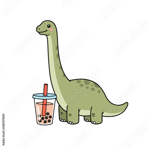 Adorable cartoon Brontosaurus enjoying a sweet bubble tea, perfect for playful designs and charming content that celebrates fun, snacks, and cute prehistoric friends in a delightful way.