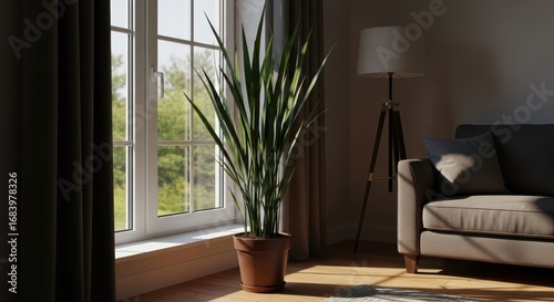 Sunlit room with tall indoor plant and cozy sofa by large windows