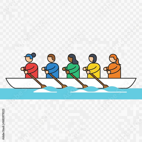 Five people rowing a boat together on water.