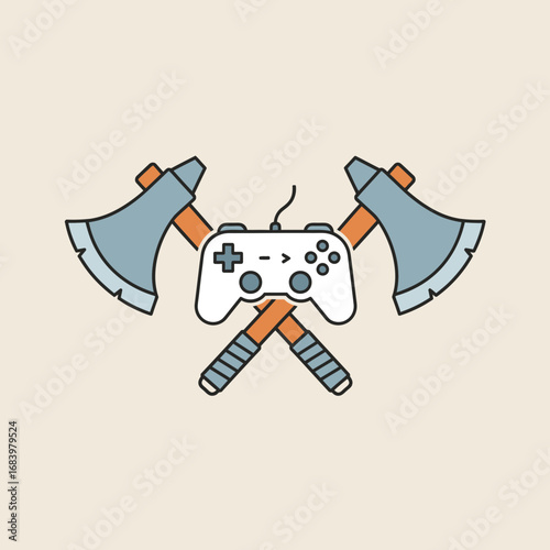 Crossed axes and video game controller on light background