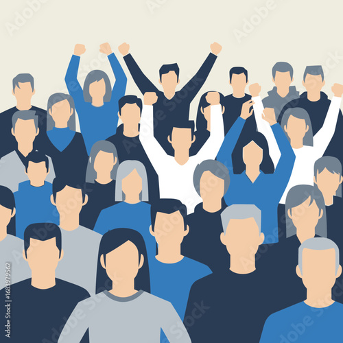Diverse crowd of people with raised arms in celebration