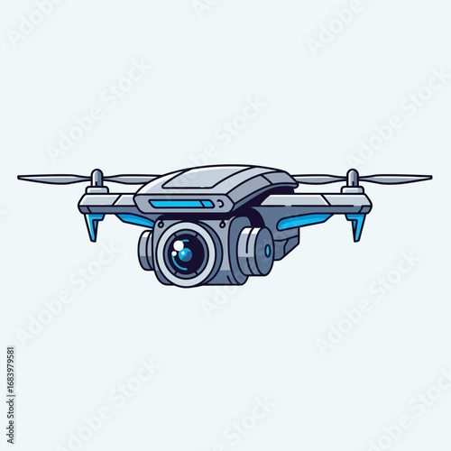 A modern drone with a camera is shown against a white background.