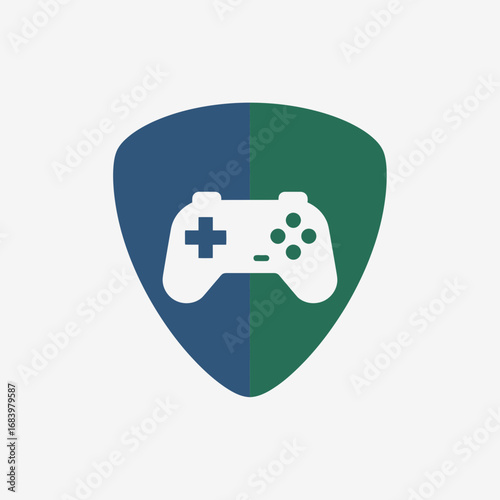 Shield with video game controller symbol inside