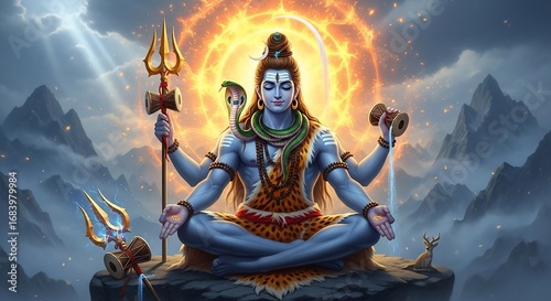 Mystical Lord Shiva Meditating with Fiery Aura, Blue Skin, and Trishul in Sacred Himalayan Landscape.