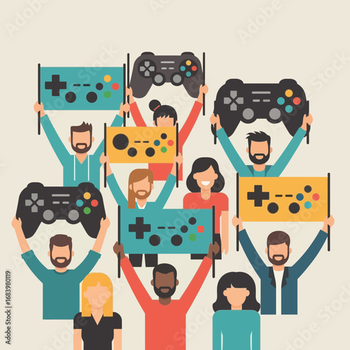 Diverse people hold up video game controllers celebrating gaming culture.