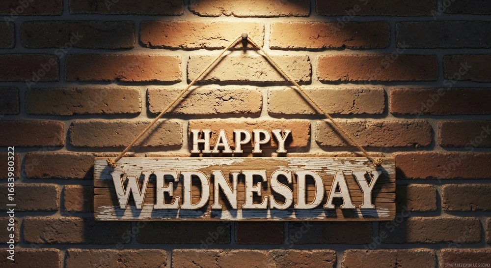 Fototapeta premium Rustic Wooden Sign Happy Wednesday Illuminated by Warm Spotlight on Textured Brick Wall.