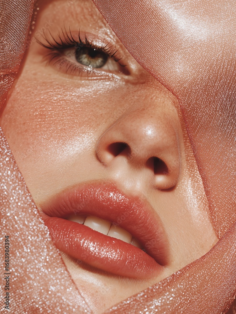 Fototapeta premium Close-up of a woman's face, with her eyes closed and her lips slightly parted. she is wearing a peach-colored face mask that covers her entire face.
