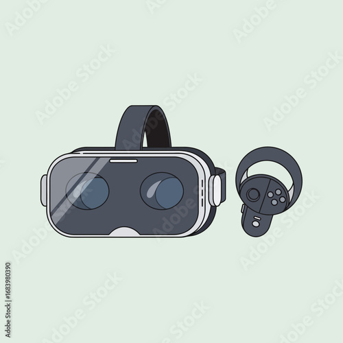Virtual reality headset and controller on a light green background.