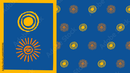 Sun icon grungy effect seamless pattern. Drawn paintbrush stroke sketch sun fir summer boundless background. Textured endless summertime ornament sun vector print fabric wrapper backdrop template
