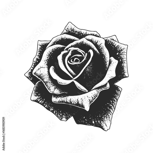 Detailed black and white rose illustration with intricate petals