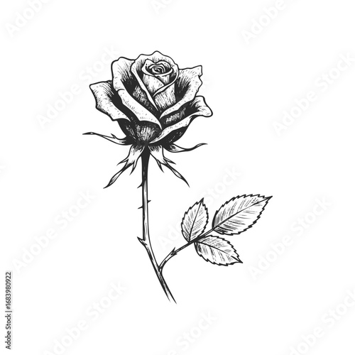 Black and white rose sketch with detailed petals and leaves