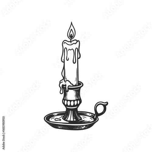 Vintage black and white illustration of a melting candle on a holder