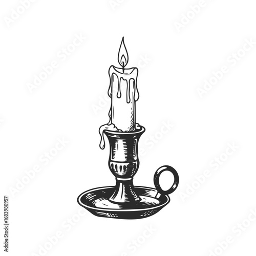Vintage melting candle on holder with dripping wax and flame illustration