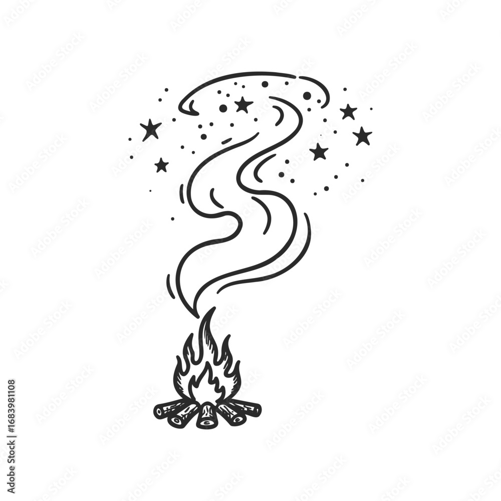 Fototapeta premium Hand-drawn campfire with stars and smoke in night sky