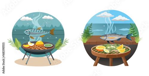Whole fish grilled bbq scene vector art design illustration