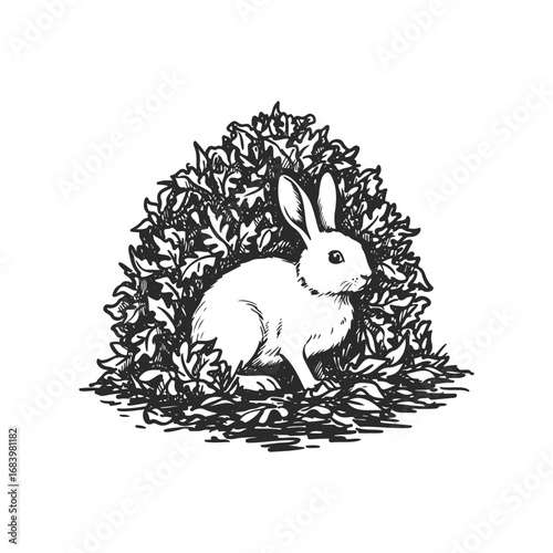 Black and white ink drawing of rabbit nestled in bushes with leaves