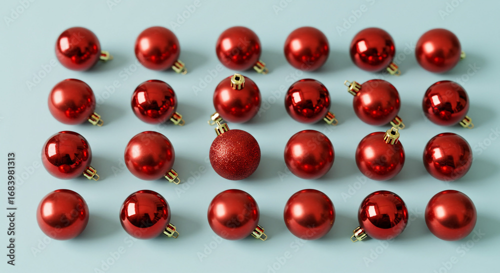 Fototapeta premium Christmas ornaments in red color arranged on blue surface for decoration